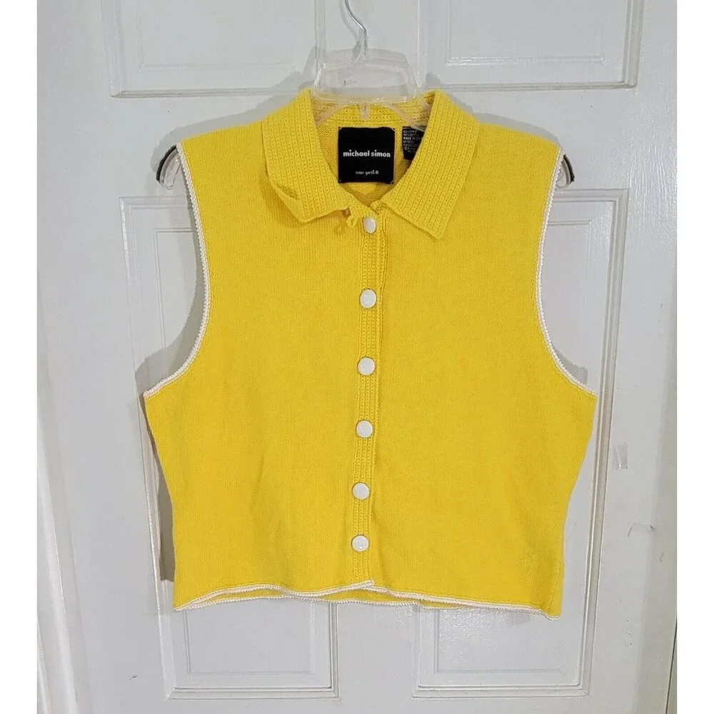 Michael Simon Womens Yellow Button Front Sweater Knit Vest Collared Size‎ L